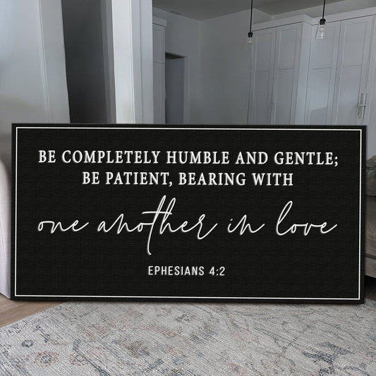 Ephesians 4:2 Humble and Gentle Black canvas shown in a styled room setting, view 2