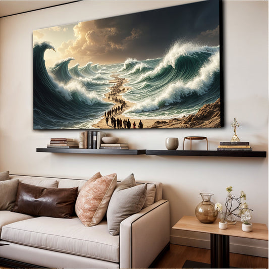 Parting of the Red Sea Under a Golden Sky canvas shown in a styled room setting, view 2