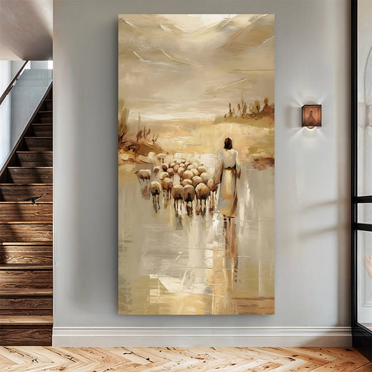 Jesus Leading Sheep Through Golden Water canvas shown in a styled room setting, view 2