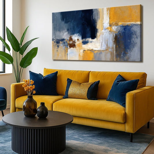 Navy, Cream and Gold Geometric Abstract canvas shown in a styled room setting, view 2