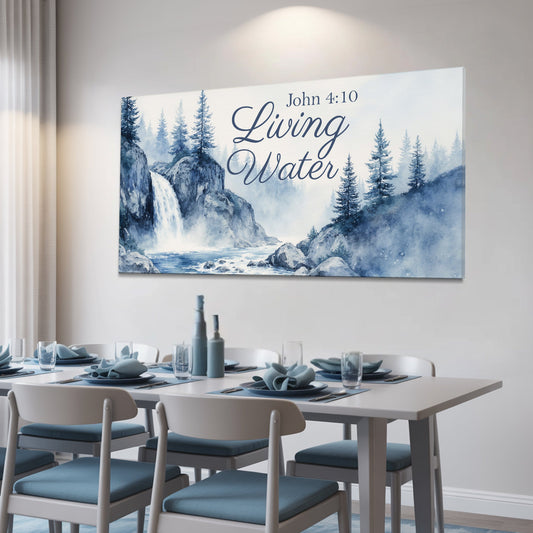 Living Water John 4:10 Watercolor Pines canvas shown in a styled room setting, view 2