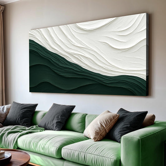 Dark Green and White Cresting Wave Minimalist canvas shown in a styled room setting, view 2