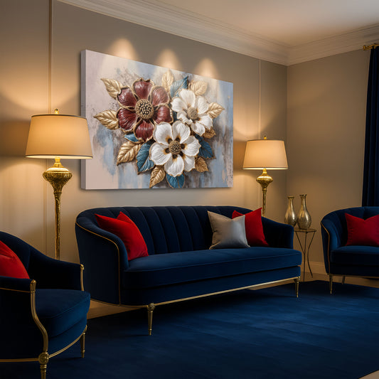 Burgundy and White Flowers on Grey canvas shown in a styled room setting, view 2