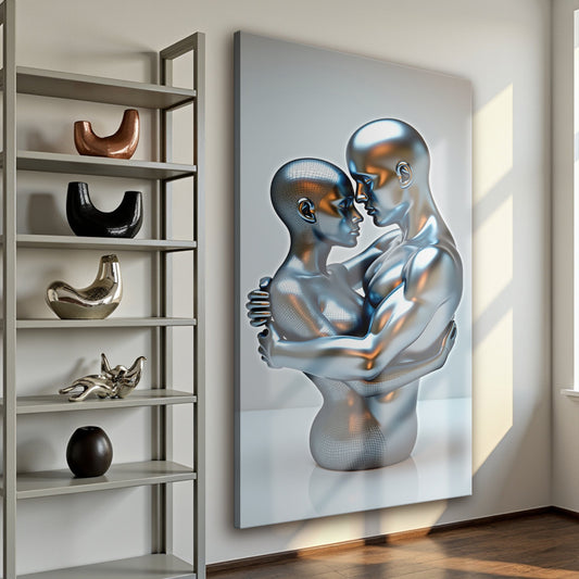 Silver Couple Embrace canvas shown in a styled room setting, view 2