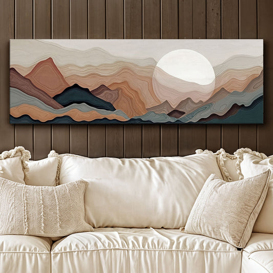 Terracotta Mountains and White Sun Long Panoramic canvas shown in a styled room setting, view 2