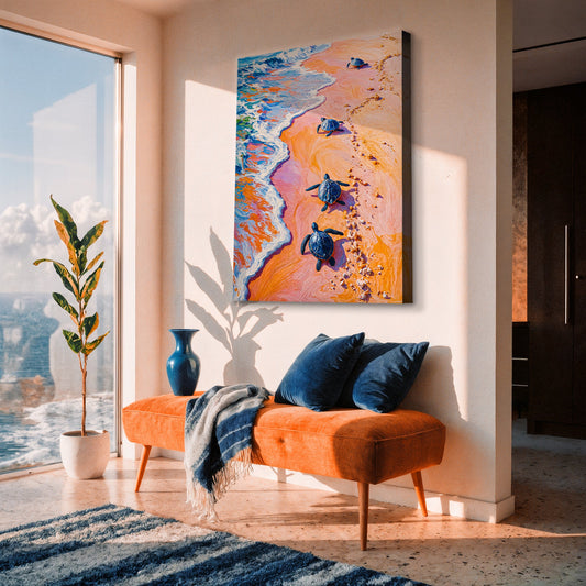 Baby Sea Turtles Heading to the Surf canvas shown in a styled room setting, view 2