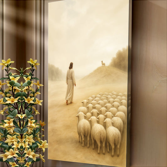 Jesus Beside His Flock Tall Cream and Gold canvas shown in a styled room setting, view 2
