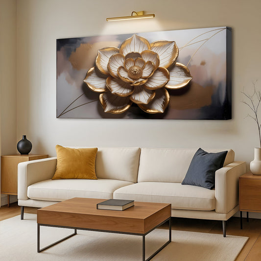 White and Gold Lotus on Blue Grey canvas shown in a styled room setting, view 2