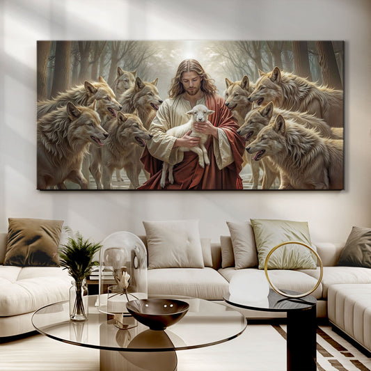 Jesus Holding a Lamb Among Grey Wolves canvas shown in a styled room setting, view 2