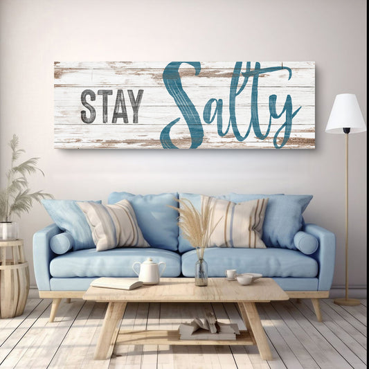 Stay Salty Teal Script on White Coastal canvas shown in a styled room setting, view 2