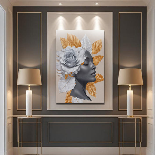 Woman's Profile Under a White Rose canvas shown in a styled room setting, view 2