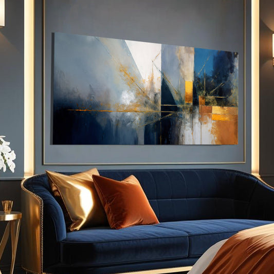 Navy, Grey and Gold Geometric Abstract canvas shown in a styled room setting, view 2