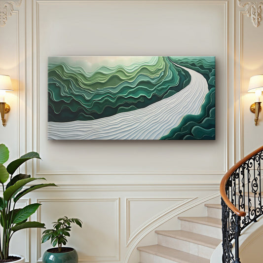 Winding White River Through Green Hills canvas shown in a styled room setting, view 2