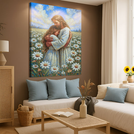 Jesus Holding a Child Daisy Field canvas shown in a styled room setting, view 2
