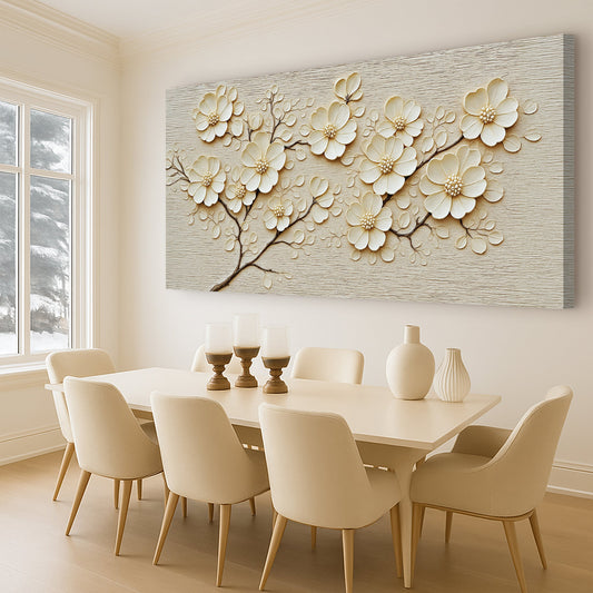 Cream Blossom Branch Minimalist canvas shown in a styled room setting, view 2