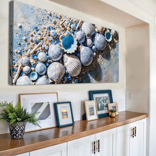 Blue and White Seashells and Pebbles canvas shown in a styled room setting, view 2