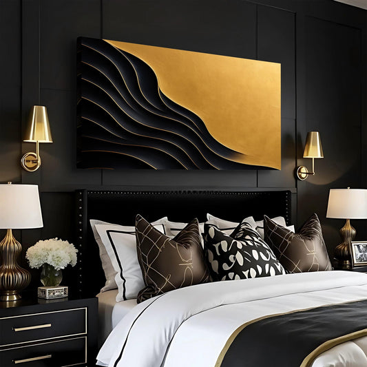 Black Ribbon Waves and Bright Gold Diagonal canvas shown in a styled room setting, view 2