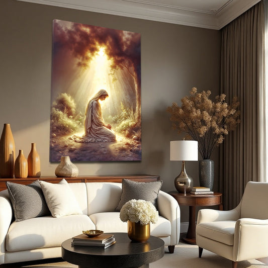 Mary Praying in Golden Light canvas shown in a styled room setting, view 2