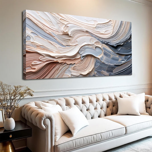 Blush and Slate Blue Swirling Waves Abstract canvas shown in a styled room setting, view 2