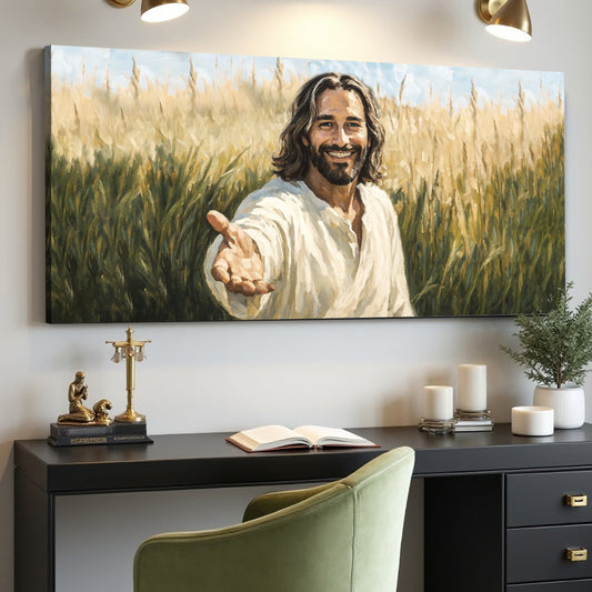 Smiling Jesus Reaching Out in a Grass Field canvas shown in a styled room setting, view 2