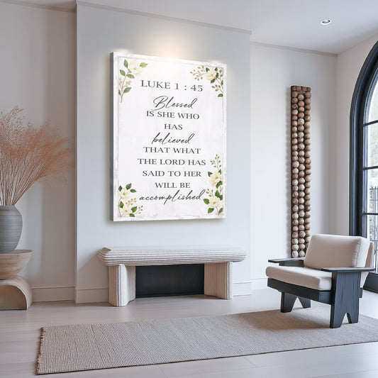 Luke 1:45 Blessed Is She White Floral canvas shown in a styled room setting, view 2