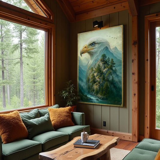 Eagle Head with Mountain Forest Double Exposure canvas shown in a styled room setting, view 2
