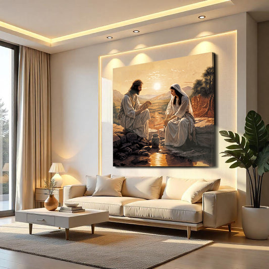 Woman at the Well at Amber Sunset canvas shown in a styled room setting, view 2