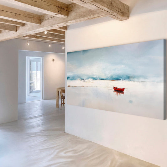 Misty Sea with Little Red Boat canvas shown in a styled room setting, view 2