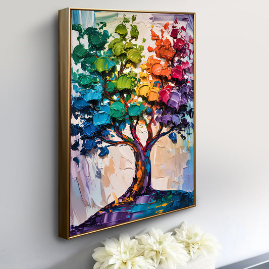 Rainbow Leaf Tree of Life canvas shown in a styled room setting, view 2