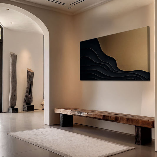 Black Wave Ridges Beside Matte Gold canvas shown in a styled room setting, view 2