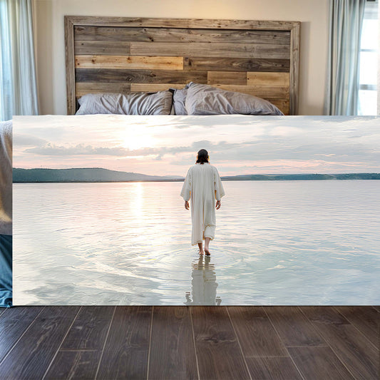 Jesus Walking on Pale Water at Sunrise canvas shown in a styled room setting, view 2