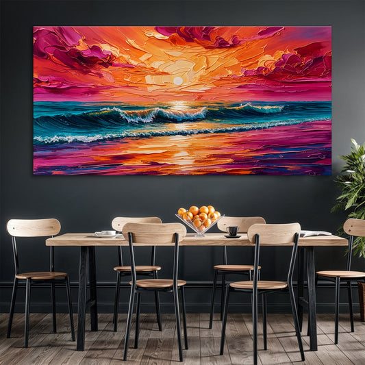 Magenta and Orange Sunset over Teal Waves canvas shown in a styled room setting, view 2