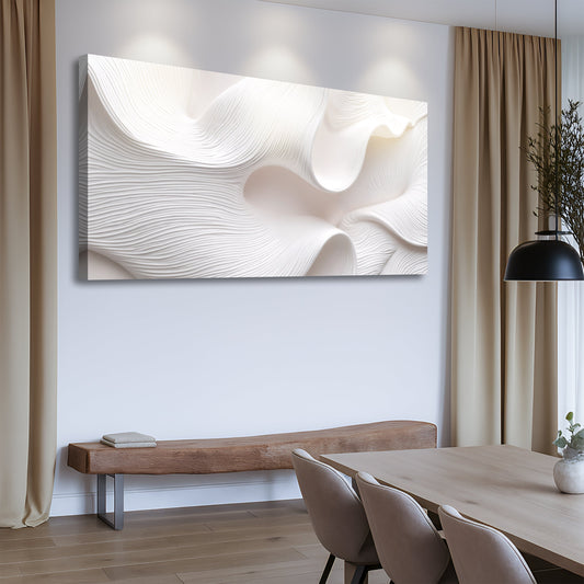 White Flowing Curves Minimalist Abstract canvas shown in a styled room setting, view 2