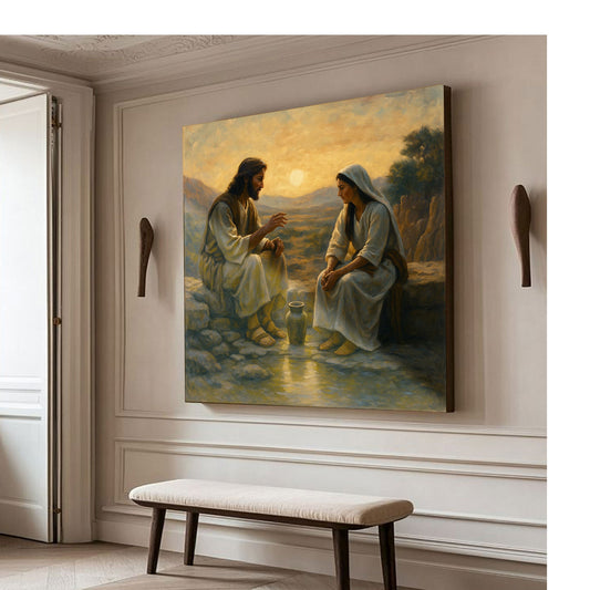 Jesus Talking With a Woman at Dusk canvas shown in a styled room setting, view 2