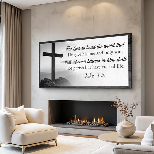 John 3:16 Black and White Cross Sign canvas shown in a styled room setting, view 2