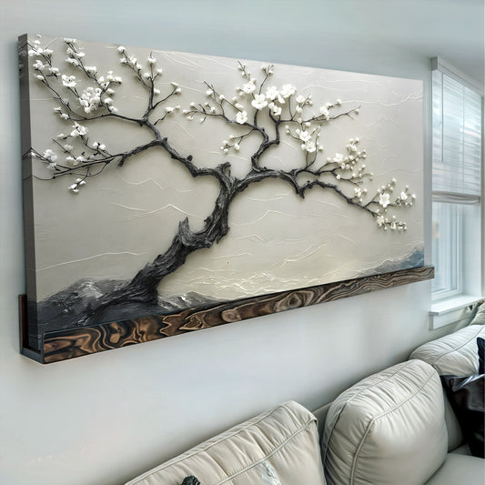 White Blossom Branch on Grey canvas shown in a styled room setting, view 2