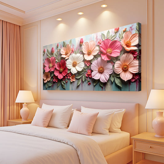 Red and Coral Flowers Panoramic canvas shown in a styled room setting, view 2