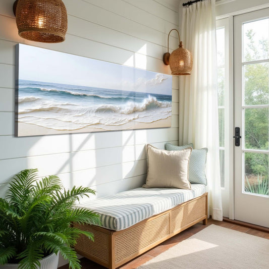 Blue Breakers Under a Clear Sky canvas shown in a styled room setting, view 2