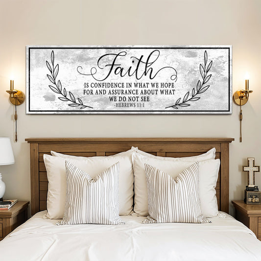 Hebrews 11:1 Faith Distressed-Look Grey Long canvas shown in a styled room setting, view 2