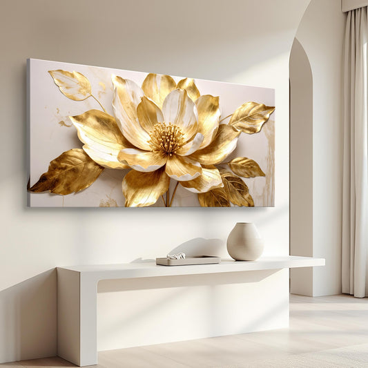 Gold and White Lotus Bloom Panoramic canvas shown in a styled room setting, view 2