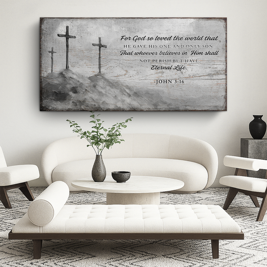 John 3:16 Three Crosses Grey Sign canvas shown in a styled room setting, view 2