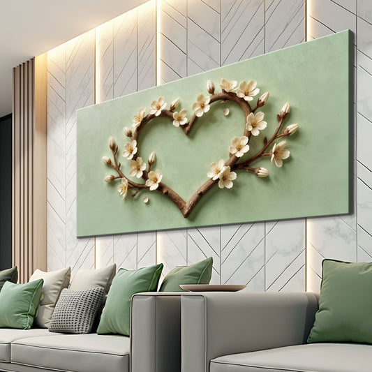 White Flower Heart Wreath on Sage Green canvas shown in a styled room setting, view 2