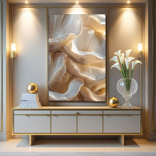 Cream and Gold Swirl Abstract canvas shown in a styled room setting, view 2