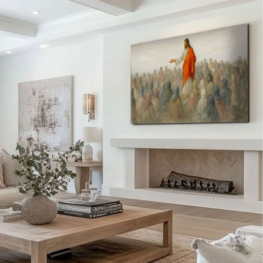 Sermon on the Mount Red Cloak Grey Tones canvas shown in a styled room setting, view 2