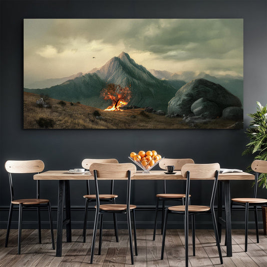Burning Bush Beside Boulders Under a Mountain canvas shown in a styled room setting, view 2