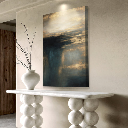 Moody Teal and Gold Abstract Horizon canvas shown in a styled room setting, view 2