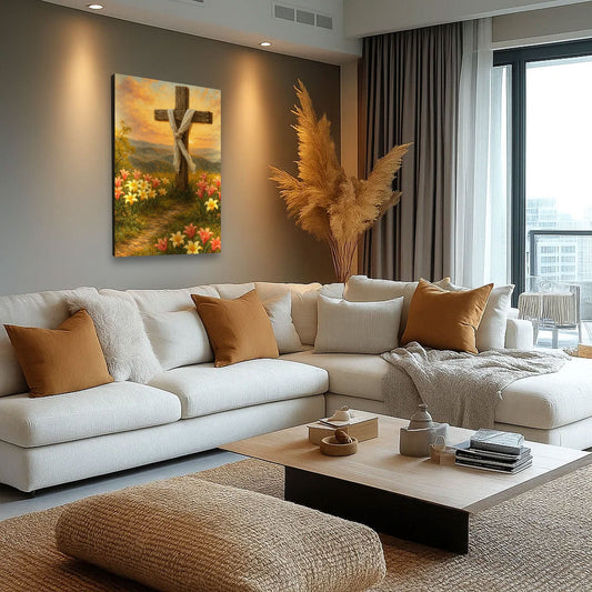 Wooden Cross on a Flower Hillside Golden Sunset canvas shown in a styled room setting, view 2