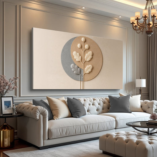 Beige and Grey Circle with Leaf Minimalist canvas shown in a styled room setting, view 2