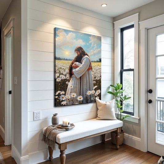 Jesus Hugging a Woman Daisy Meadow Blue Sky canvas shown in a styled room setting, view 2