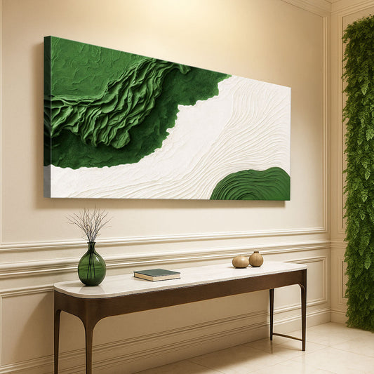 Green Wave Corners on White Abstract canvas shown in a styled room setting, view 2